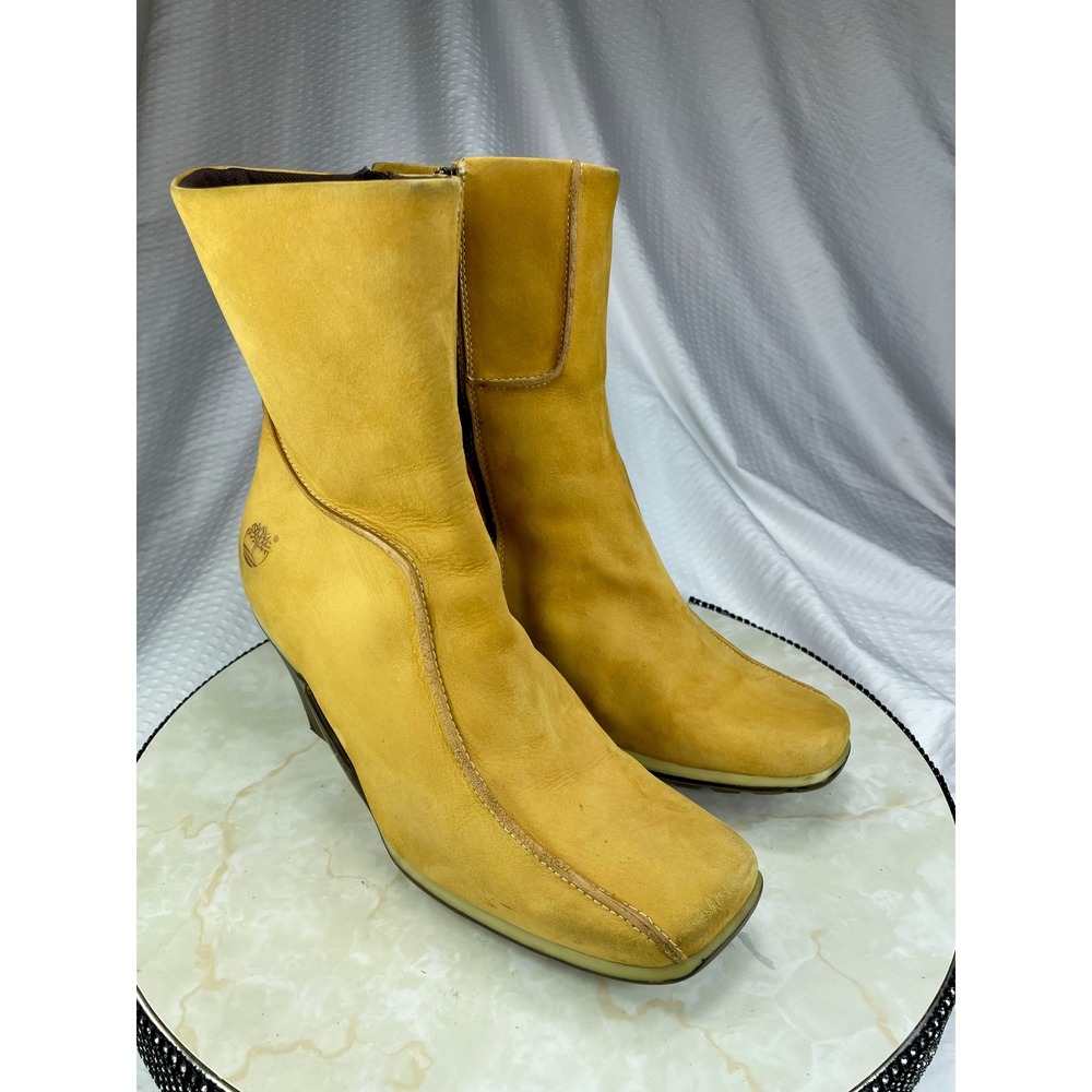 Timberland Leather Square Toe Heeled Ankle Boots Womens 9 Yellow Zip Up Gorpcore